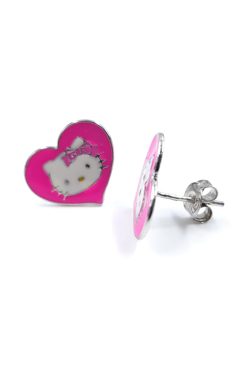 Hello Kitty 925 Original Sterling Silver Range Pink Enamel Heart Shaped Earrings