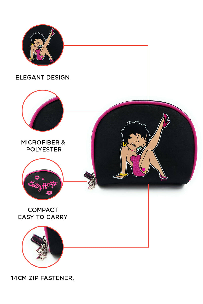 Betty Boop Stepping Out Deluxe Cosmetic Case This lovely black cosmetics bag features the iconic Betty Boop stepping out (kick) pose. It has a zip fastener that runs approximately three quarters of the way around the bag, and measures approximately 14cm. Exclusively Available at Reliance Gifts www.reliancegifts.co.u