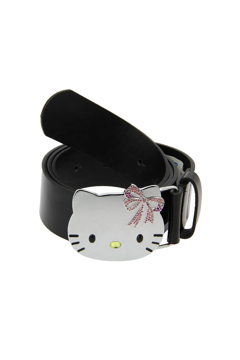 Hello Kitty PU Leather belt Chrome Buckle with Pink Austrian Crystal- Black