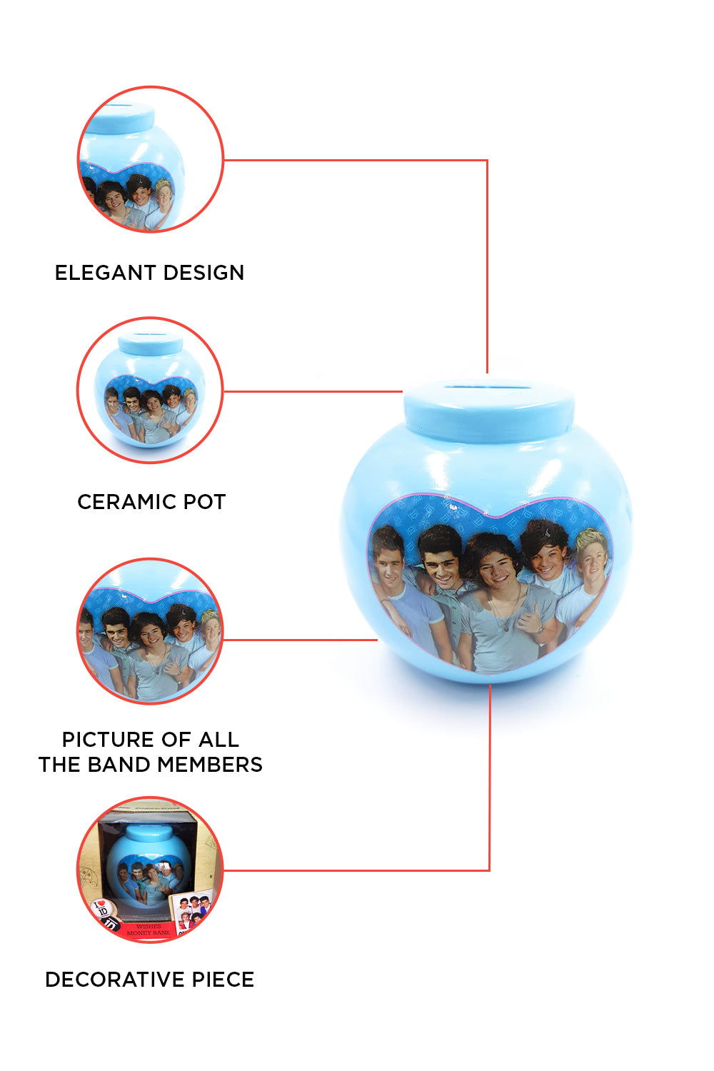 One Direction Red and Blue Ceramic Money Pot