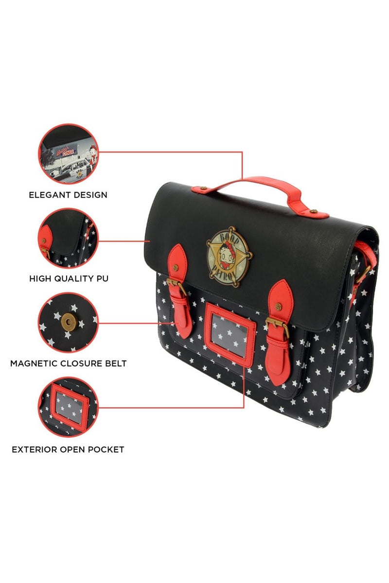 Betty Boop Satchel ,Flaunt in style with the Betty Boop Police Satchel bag. Black colour bag with small white star all over with a red shoulder strap and two front straps with magnetic closure. It has a police logo attached in front saying Boop Patrol. Exclusively Available at Reliance Gifts www.reliancegifts.co.uk