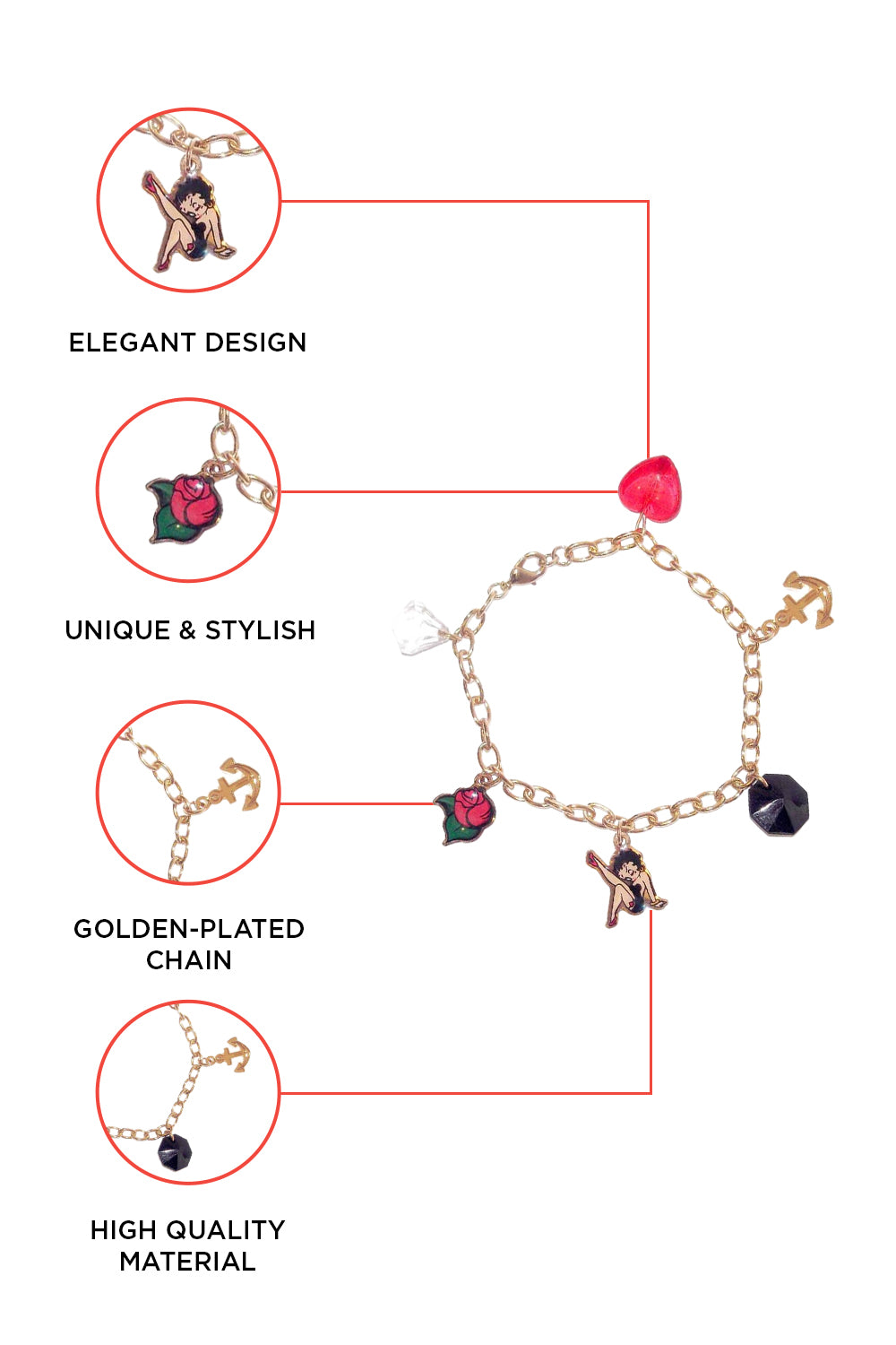 Betty Boop Charm Bracelet - Golden