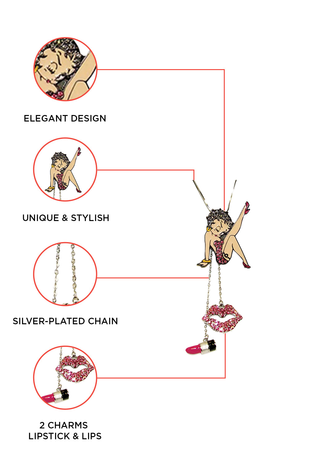 Betty Boop Stepping Out Charm with Austrian Crystals Necklace 42 cm