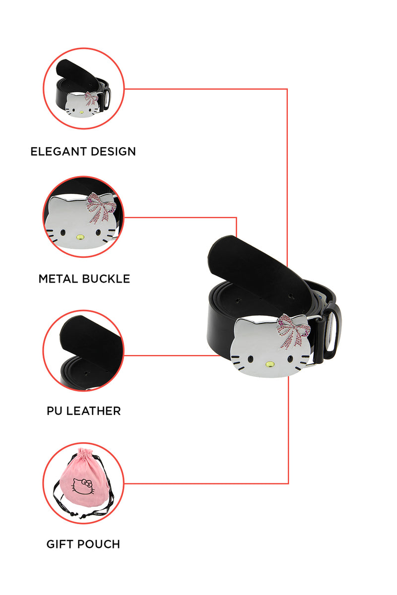 Hello Kitty PU Leather belt Chrome Buckle with Pink Austrian Crystal- Black