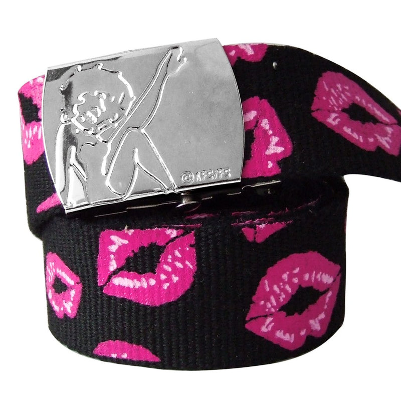 Betty Boop Stepping Out Woman's Belt No woman's belt is as sexy as the official Betty Boop Stepping Out Belt. Black with pink lipstick kisses all over not to mention the shiny buckle with Betty Boop engraved on it. Exclusively Available at Reliance Gifts www.reliancegifts.co.uk