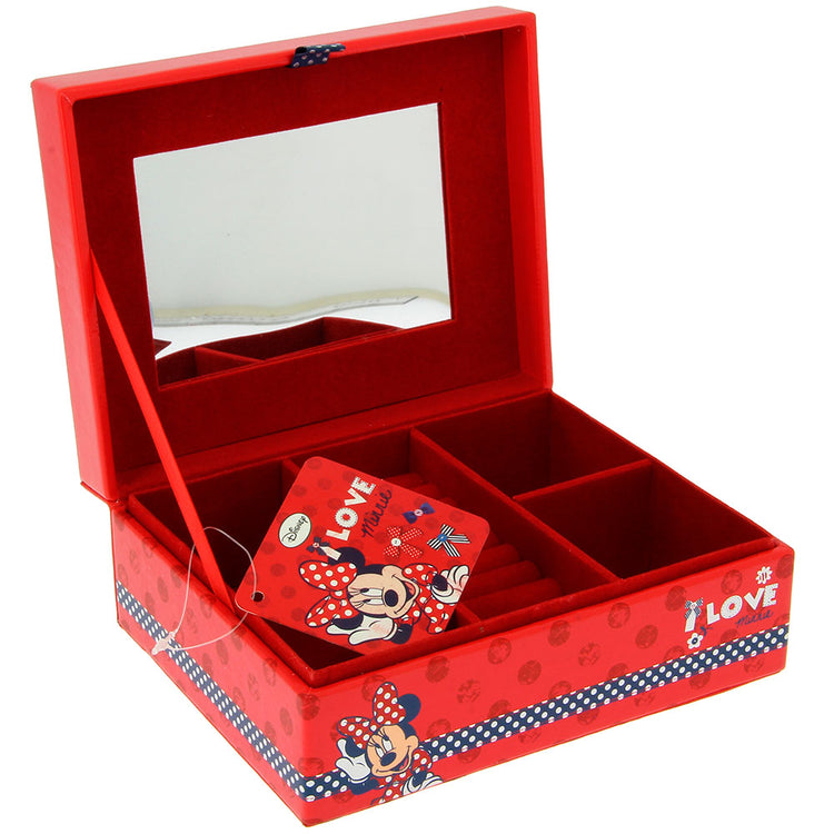 Disney Minnie Mouse Jewellery Box Disney Minnie mouse jewellery box featuring Minnie in a red Polka dot dress and a head bow with I Love Minnie written on top. It’s an ideal product for Minnie mouse fan.Exclusively Available at Reliance Gifts www.reliancegifts.co.uk