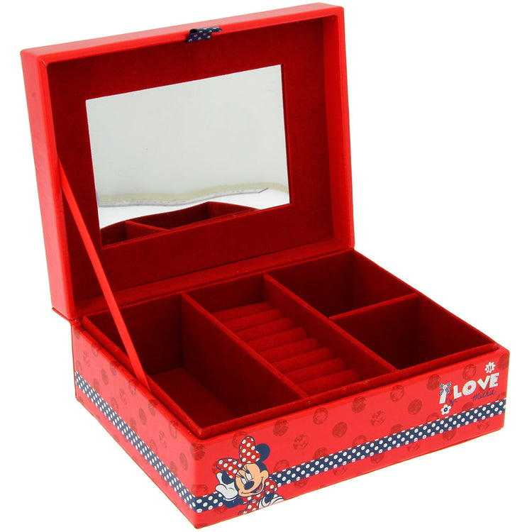 Disney Minnie Mouse Jewellery Box Disney Minnie mouse jewellery box featuring Minnie in a red Polka dot dress and a head bow with I Love Minnie written on top. It’s an ideal product for Minnie mouse fan.Exclusively Available at Reliance Gifts www.reliancegifts.co.uk