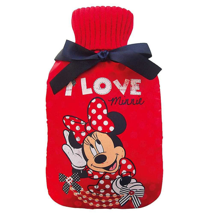 Disney Minnie Mouse Hot water Bottle & cover set 2LTR It’s a lovely hot water bottle in nice red material with a Black Ribbon on its neck featuring Minnie in a red Polka dot dress and a head bow with I Love Minnie written on top. Exclusively Available at Reliance Gifts www.reliancegifts.co.uk