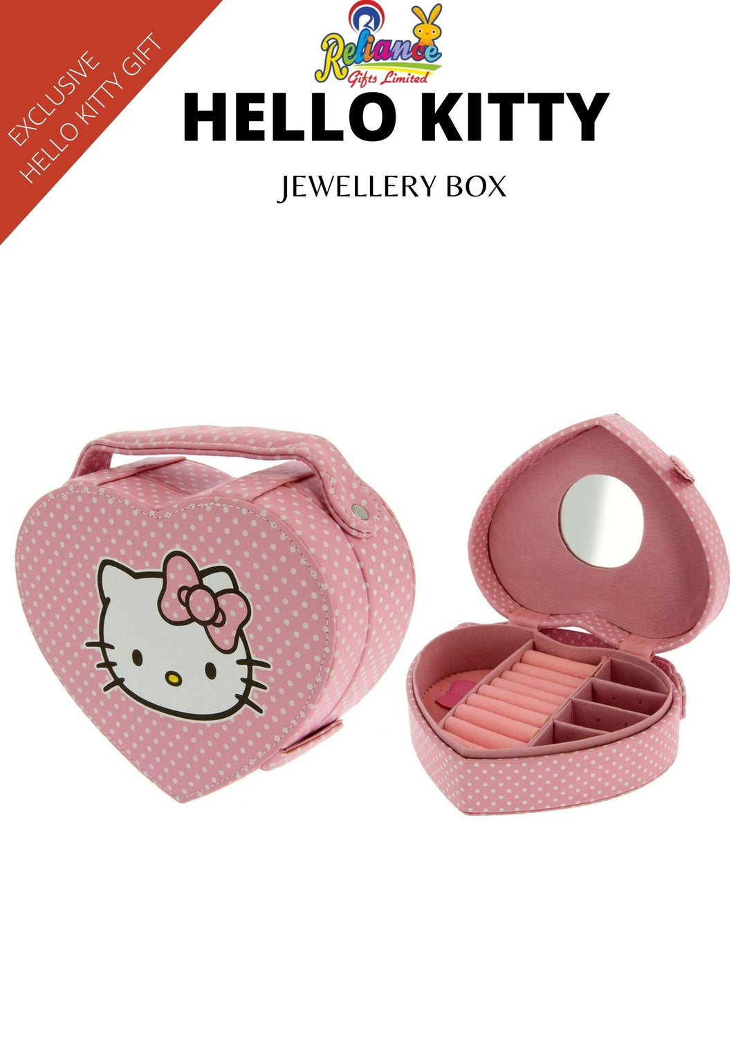 Hello Kitty Pink Heart Jewellery Box is a lovely heart shaped jewellery box featuring Kitty face on the pink polka dot box. It’s an ideal product for Hello Kitty fan. This lovely jewellery box has a lot of space inside.Exclusively Available at Reliance Gifts www.reliancegifts.co.uk