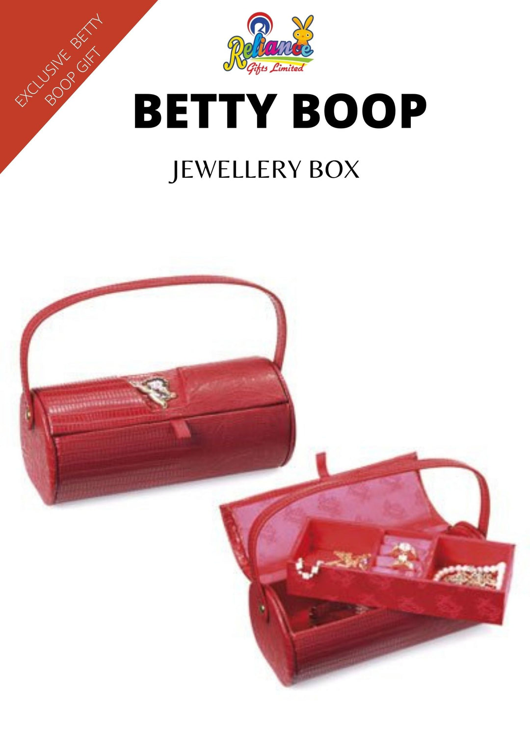 Betty Boop Jewellery Box Betty Boop Classic Red 'Rachel' Jewellery Box is a lovely red jewellery box which is very elegant and classy. This PU leather jewellery box is a hard case jewellery box with two compartment storage area with a removable tray. Exclusively Available at Reliance Gifts www.reliancegifts.co.uk