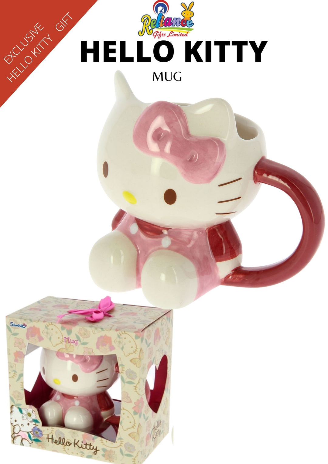 Hello Kitty 3D Ceramic Mug is a beautiful mug with Hello Kitty body designed on the mug the front has hello Kitty in sitting position design in a pink dress and bow with white face and prominent legs, hands and tail. Exclusively Available at Reliance Gifts www.reliancegifts.co.uk