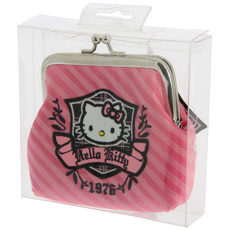 Hello Kitty Prep 1976 coin purse A unique prep 1976 design embroidered in front of the wallet and 3 diamond designs at the back with Hello Kitty initials and crown at the back. It’s a kiss-lock coin purse with one compartment to keep essentials. Exclusively Available at Reliance Gifts www.reliancegifts.co.uk