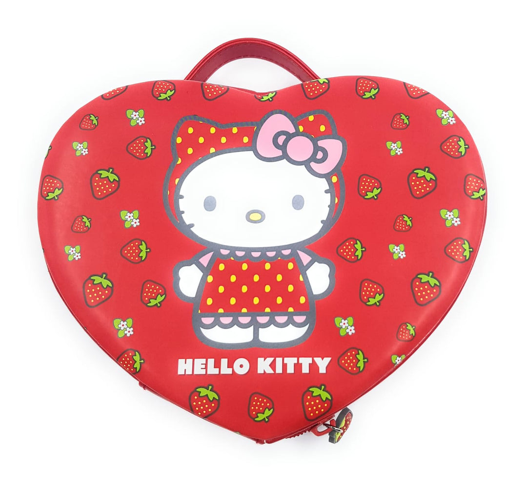 Hello Kitty Jewellery Box (Strawberry) A lovely Jewellery box features Kitty on top of the jewellery box. The box is red with strawberries and strawberry blossom all around. Kitty is wearing a red hooded dress with yellow dots looking like a strawberry herself.Exclusively Available at Reliance Gifts www.reliancegifts.co.uk