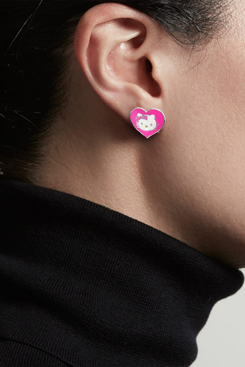 Hello Kitty 925 Original Sterling Silver Range Pink Enamel Heart Shaped Earrings