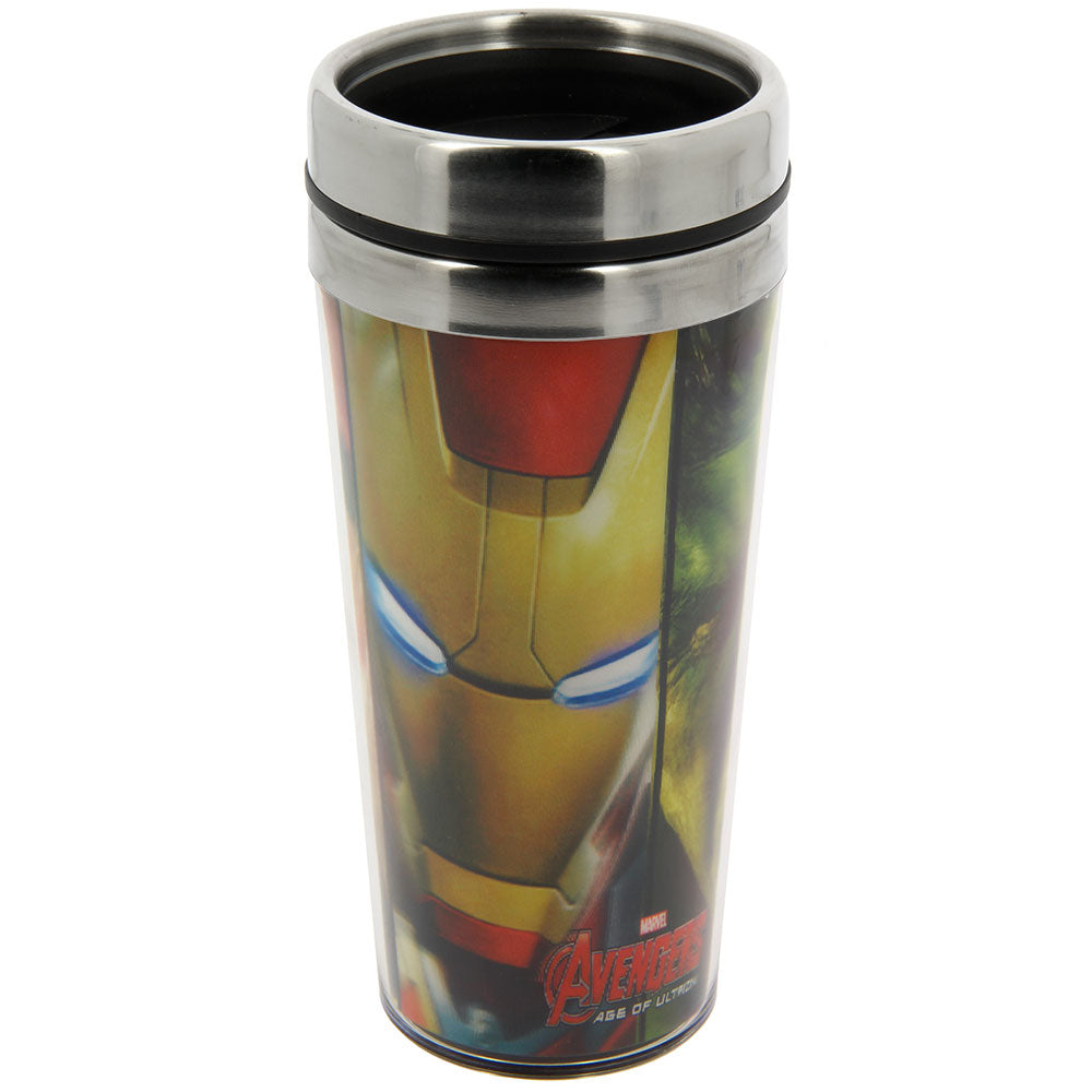 Marvel Travel Mug, with Lid Age Of Ultron Travel Mug Age of Ultron Plastic Double Wall Travel Mug features lenticular image of all the major Avengers heroes Iron Man, Hulk, Captain America and Thor on it with Avengers written at the bottom. Exclusively Available at Reliance Gifts www.reliancegifts.co.uk