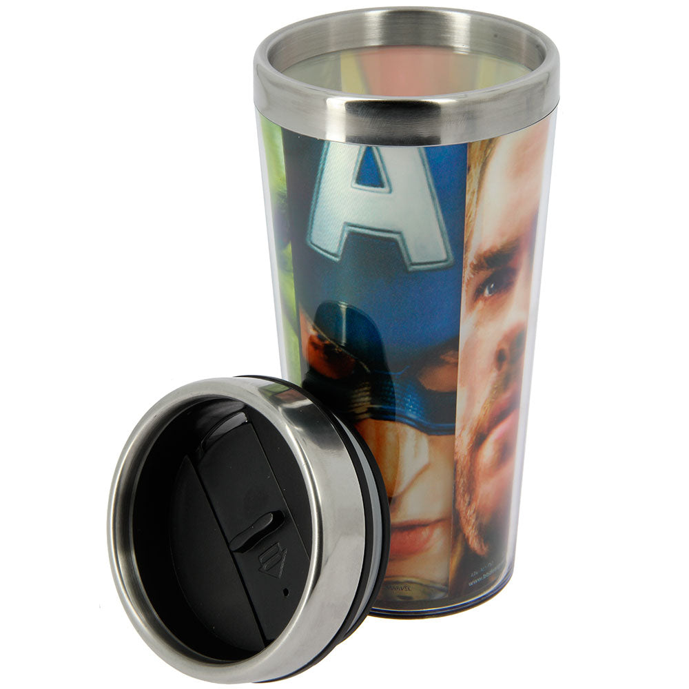 Marvel Travel Mug, Travel Mug With Lid Age Of Ultron Travel Mug Age of Ultron Plastic Double Wall Travel Mug features lenticular image of all the major Avengers heroes Iron Man, Hulk, Captain America and Thor on it with Avengers written at the bottom. Exclusively Available at Reliance Gifts www.reliancegifts.co.uk