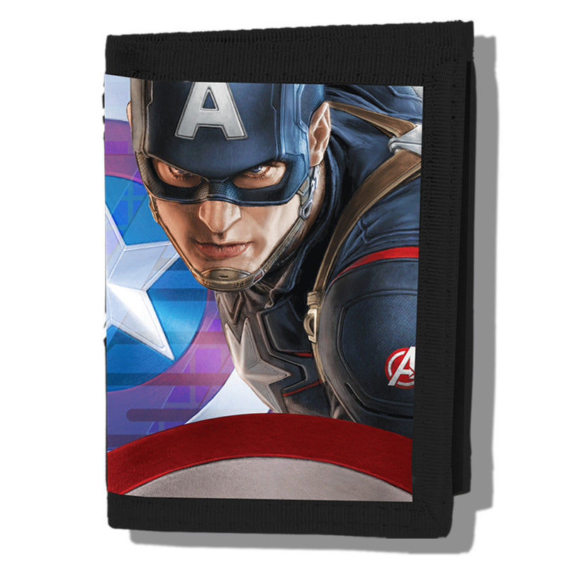 Captain America Wallet Black color compact and spacious wallet features a 3D design lenticular Captain America image in front and Avengers written on the backside. It has 3 individual credit card slots ,stash pocket , one I.D. window, one zipper pocket. Exclusively Available at Reliance Gifts www.reliancegifts.co.uk