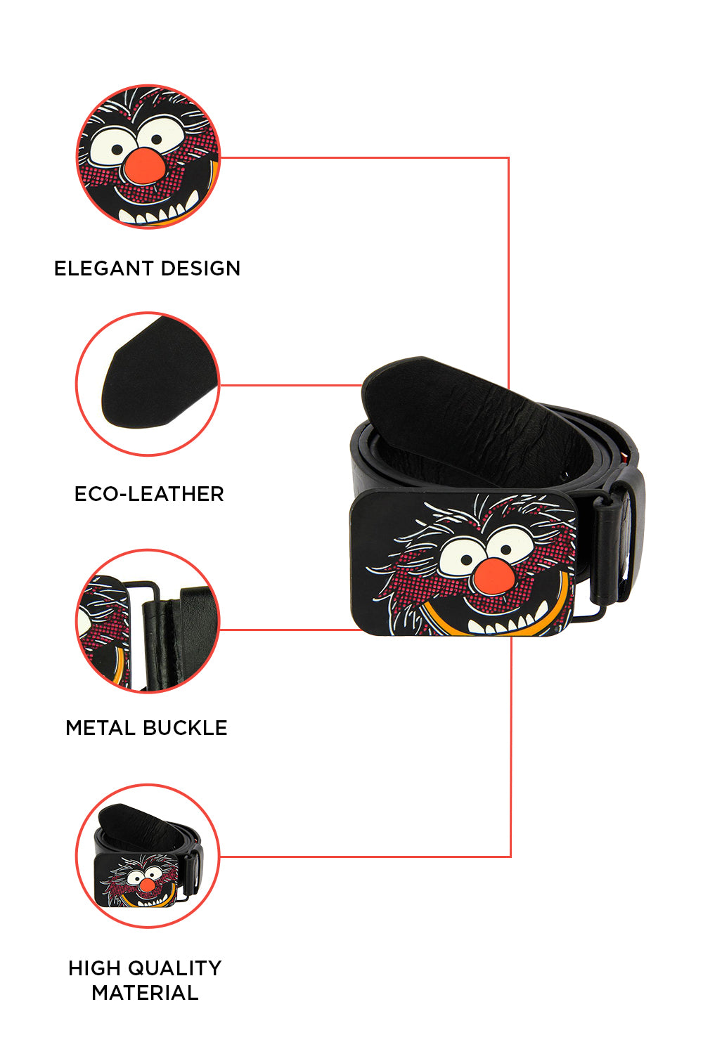 Muppets PU Leather Belt with Animal Printed Metal Buckle