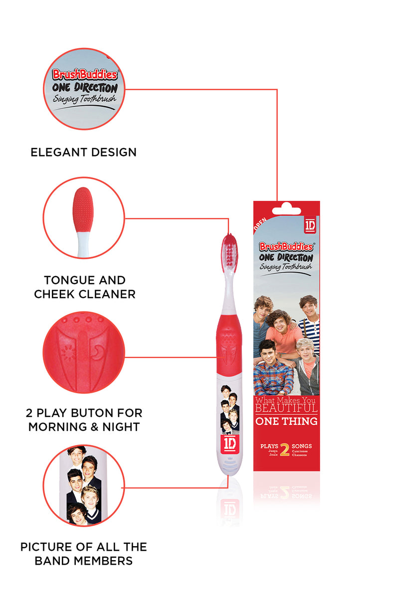 Brushbuddies One Direction Singing Tooth Brush  (What makes you beautiful & One Thing) It’s available in white and red color perfect for both boys and girls.  Soft DupontTM bristles and an ergonomic design help clean plaque in hard to reach places. Exclusively Available at Reliance Gifts www.reliancegifts.co.uk
