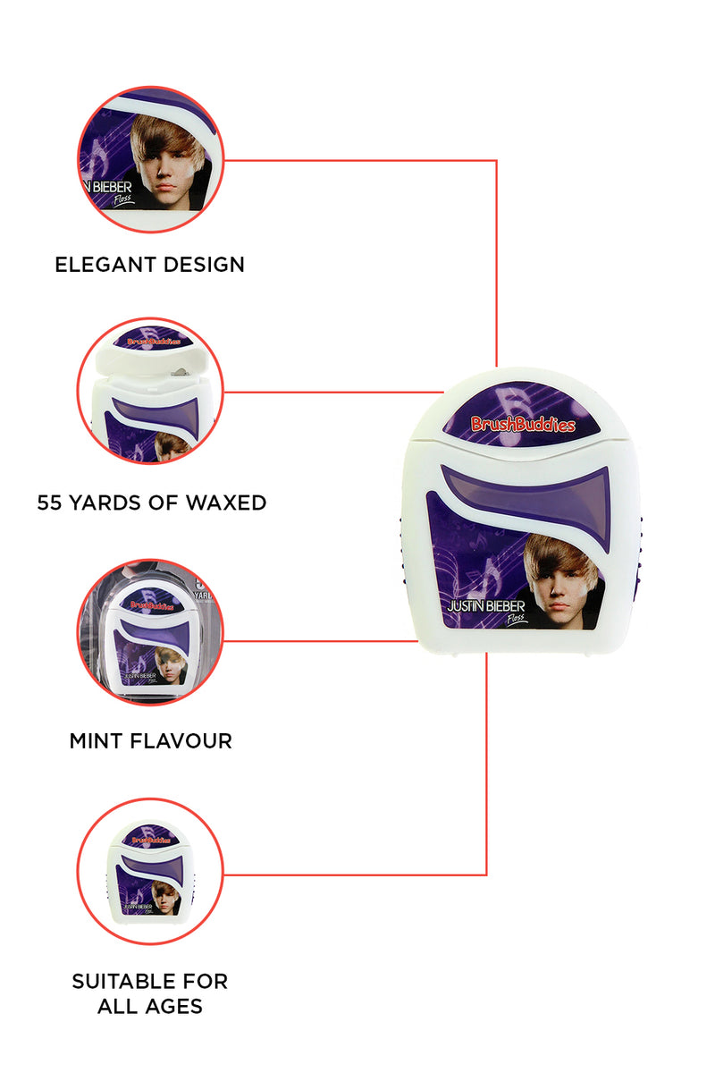 Justin Bieber Mint Floss  is white and purple colour which is designed in USA .It is a Bieber mint floss must to keep your Bieber smile look great. Justin Bieber floss contains 55 yards of waxed, mint flavoured dental floss, styled after the sensational young star Justin Bieber.