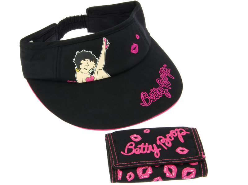 Betty Boop Sun Visor & Wallet&nbsp;set is a black color cap with Betty and Kiss design and Betty Boop embroidered on the hood part. &nbsp;It will make you look cool as its light weight, comfortable and will protect you from sun. Exclusively Available at Reliance Gifts www.reliancegifts.co.uk