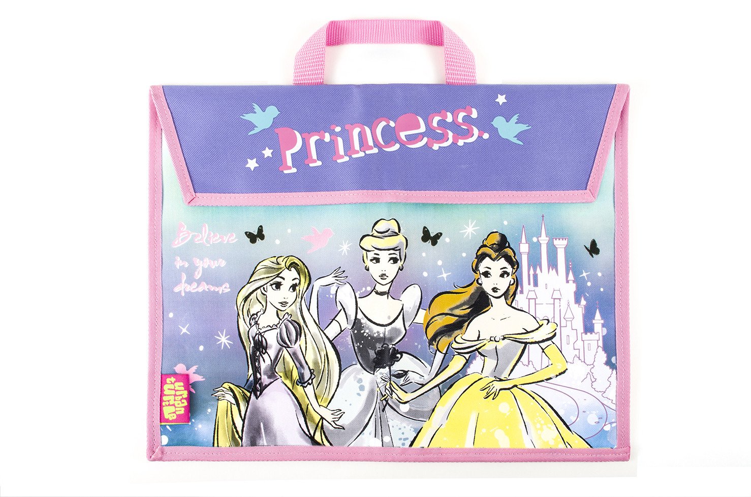 Disney Princess Book Bag This is a bright blue colour bag with portrait of Rapunzel, Cinderella and Bella in front of the bag with blue background with butterfly, birds and star design and castle on the blue background and bright blue flip to open the bag.Exclusively Available at Reliance Gifts www.reliancegifts.co.uk