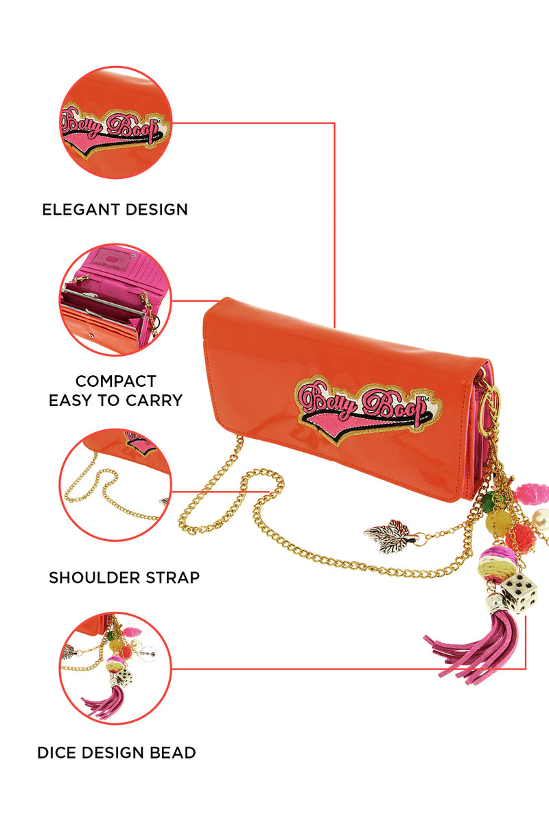 Betty Boop Clutch Me Women's Clutch Bag Betty Boop Clutch Me Women's Clutch Bag is Betty boop charmed collection "clutch me" orange patent clutch bag. Its outer material is synthetic and inner material is polyester. Exclusively Available at Reliance Gifts www.reliancegifts.co.uk