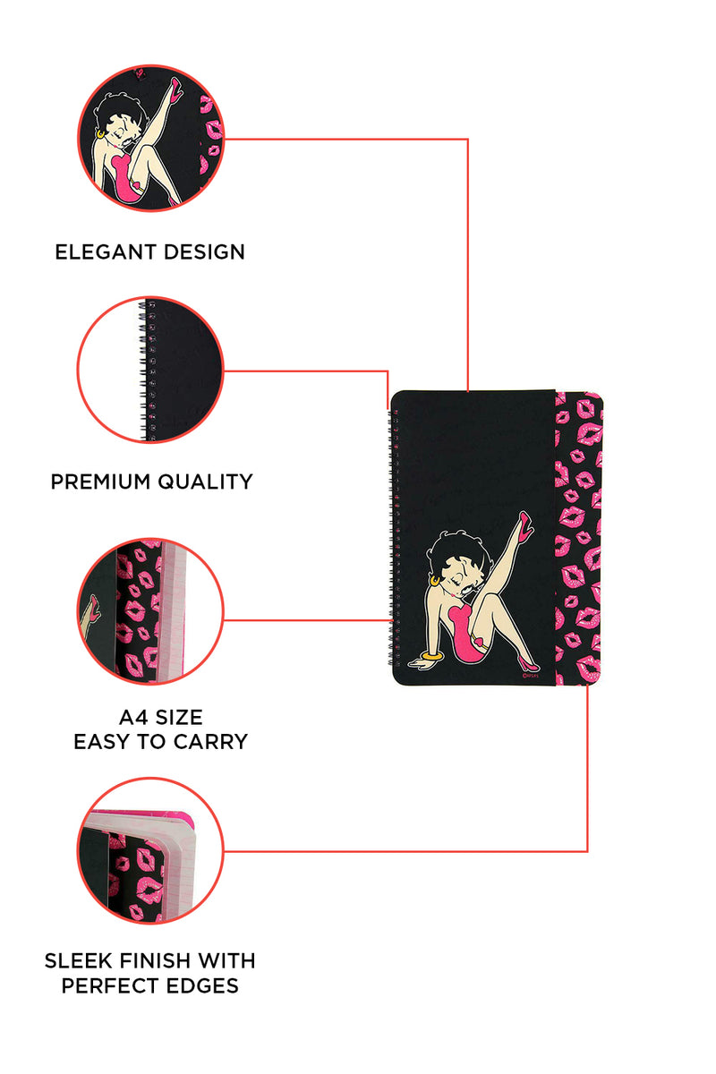 Betty Boop Stepping Out A4 Spiral Note Book A digitally printed lovely black colour notebook with two front covers. The top one has image of betty in the stepping out pose wearing a pink dress covers three-fourth of the second cover Exclusively Available at Reliance Gifts www.reliancegifts.co.uk 