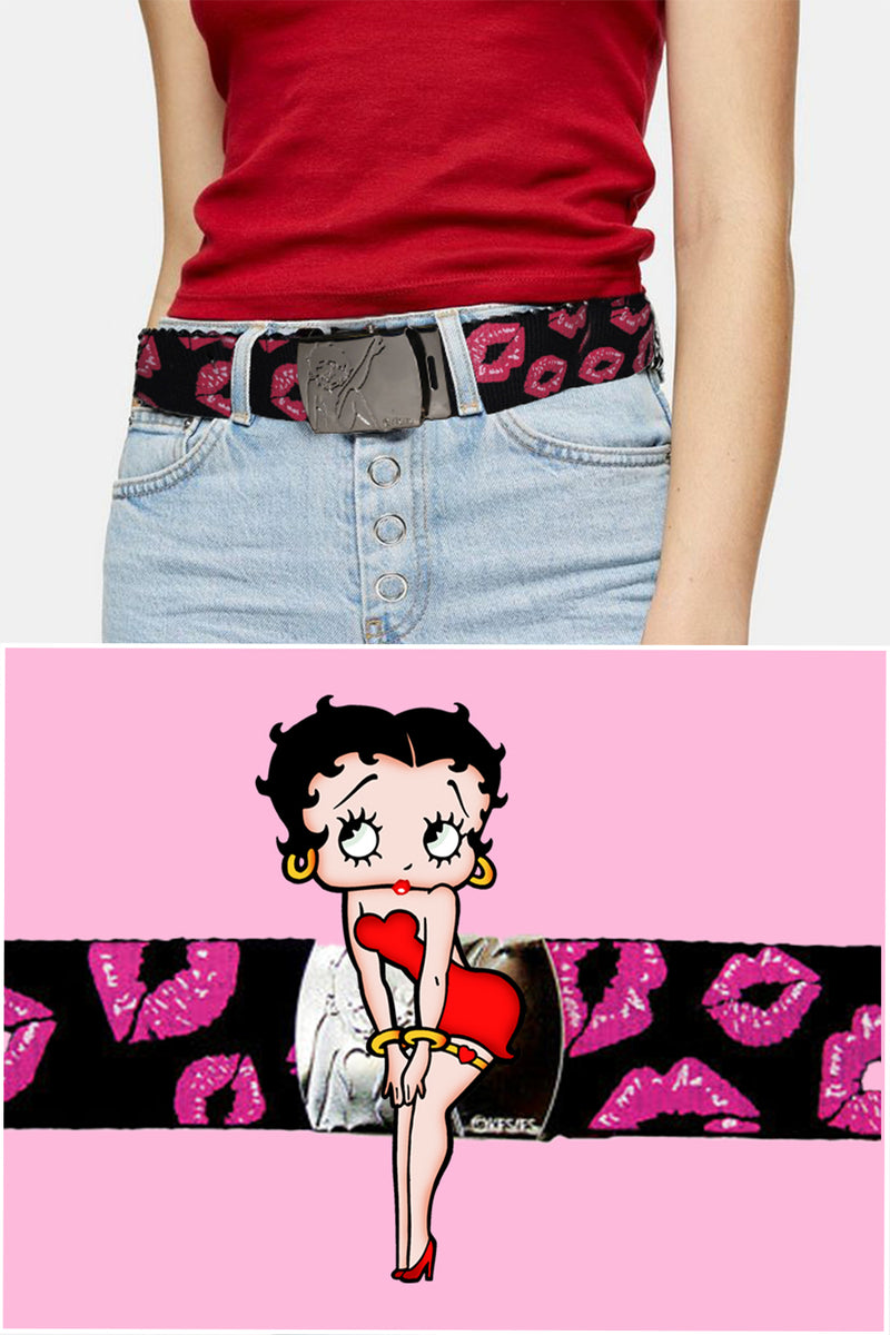 Betty Boop Stepping Out Woman's Belt No woman's belt is as sexy as the official Betty Boop Stepping Out Belt. Black with pink lipstick kisses all over not to mention the shiny buckle with Betty Boop engraved on it. Exclusively Available at Reliance Gifts www.reliancegifts.co.uk