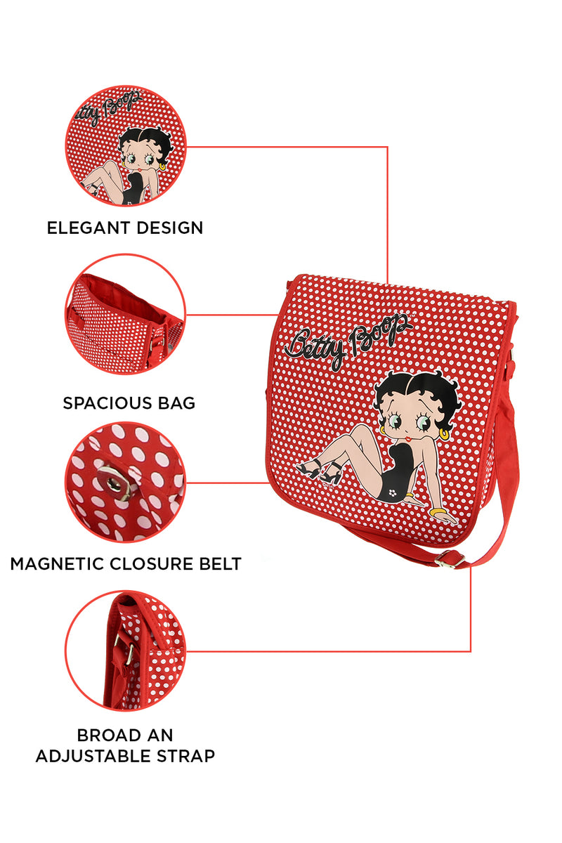 Betty Boop Polka Dot Messenger is a very light messenger bag for daily use and travelling. This stylish messenger bag is red in colour with white polka dot and flip closure with two buttons .It has a small open pouch in front and three elastic attachments .Exclusively Available at Reliance Gifts www.reliancegifts.co.uk